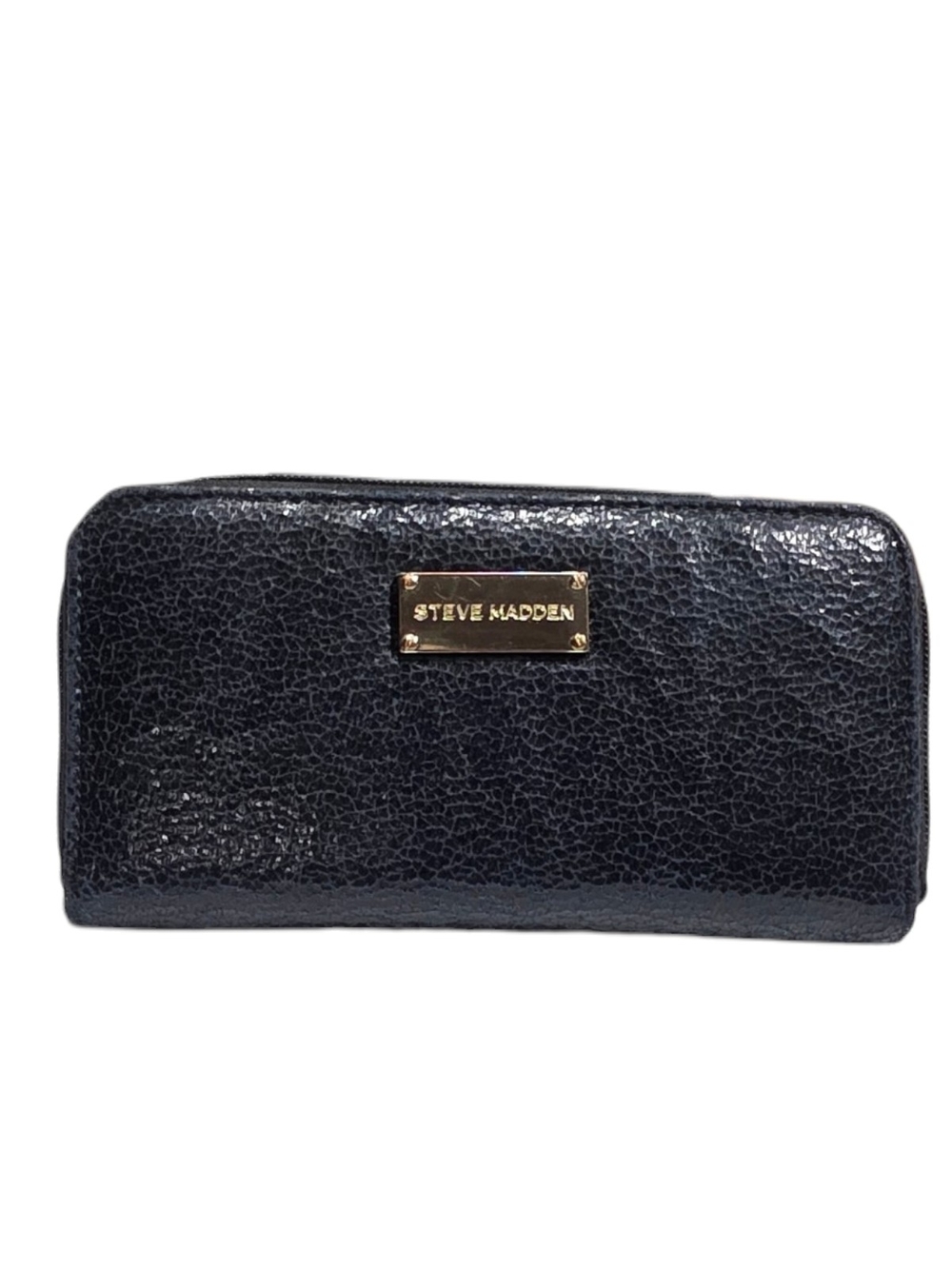 Steve Madden Black Metallic Zip Around Wallet Gold Logo Plate Used - Picture 1 of 9